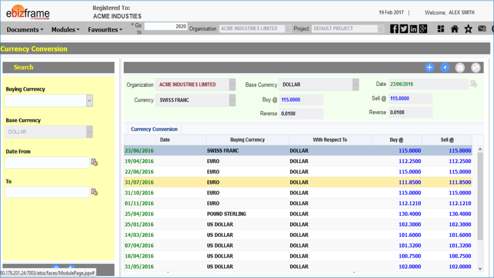 screenshot of ebizframe ERP